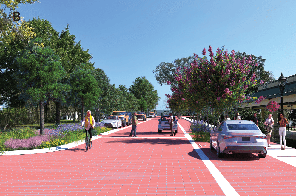 rendering showing walkway and cars