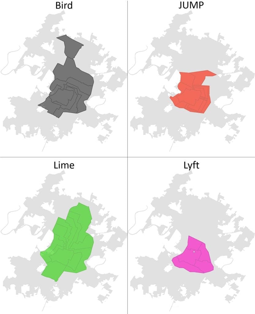 Figure 4: Zone Boundaries of Four Primary Dockless Providers in Austin