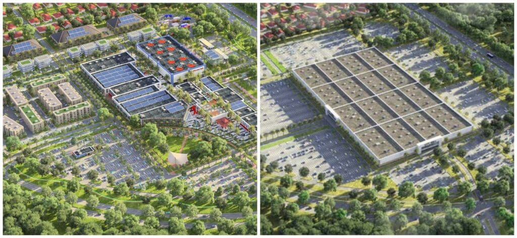 before and after renderings of mall