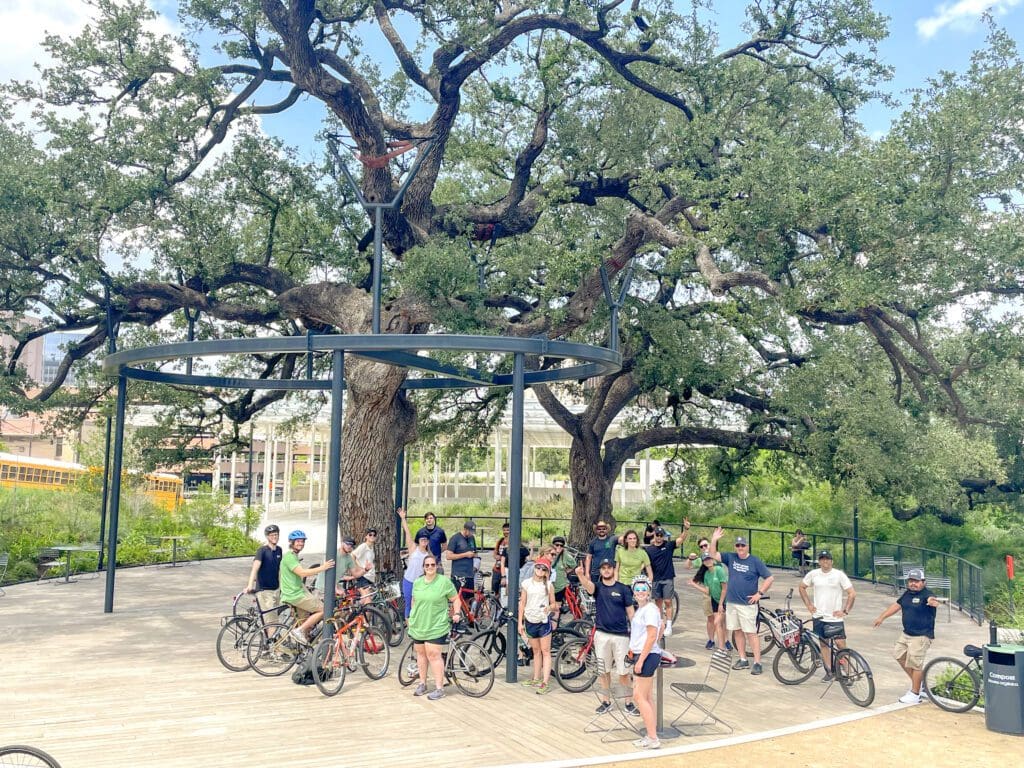 WGI bike tour under heritage tree at Waterloo Park