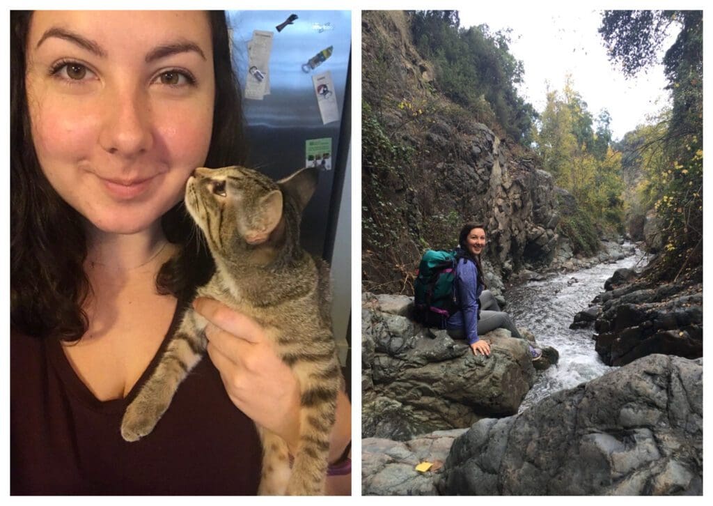 Ayse Heckel with cat and hiking the Andes