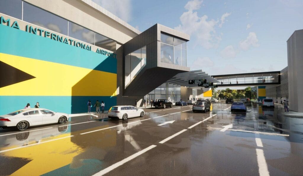 rendering of airport with flag