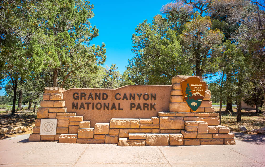 Sign at the entrance to the Grand Canyon National Park, Arizona, USA
