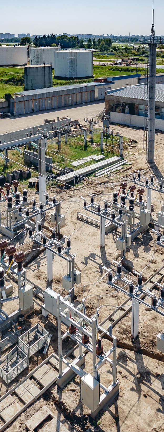 Top view of high-voltage substation with switches and disconnectors. Powe plant.