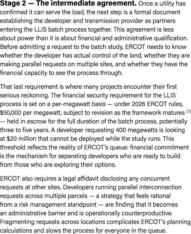 Stage 2 — The intermediate agreement. Once a utility has confirmed it can serve the load, the next step is a formal d...