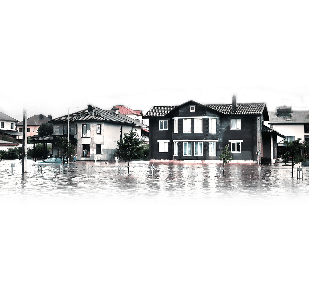 Bad extreme heavy rain storm weather. Flooded streets of the neighborhood. A flooded road junction with a drowned car. Heavy rains from tropical storm caused many flooded areas.