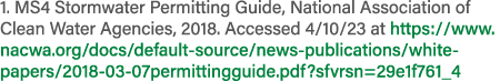 1. MS4 Stormwater Permitting Guide, National Association of Clean Water Agencies, 2018. Accessed 4/10/23 at https://w...